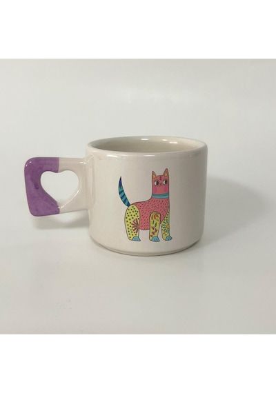 Sarı Pembe Kedi Baskılı Mor Kulplu Kalp Kupa