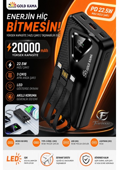 20000mah Power Bank 22.5w Süper Hızlı Şarj Type-c Lightning Dahili Kablolu Dijital Göstergeli Gri