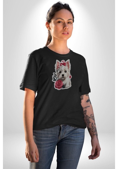 Siyah Highland Teriyeri Kırmızı Gül Unisex Unisex Siyah Organik Baskılı T-shirt Penye Yüksek Kalite Siyah