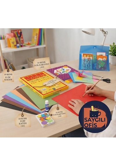 Saygılıofis A4 Boyutunda 10'lu Elişi Kağıdı, A4 Boyutunda 10'lu Fon Kartonu Ve 2 Adet Çıtçıtlı Dosya 1 Paket