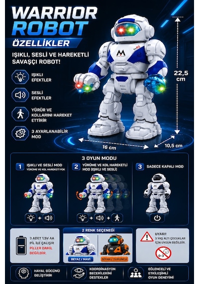 Işıklı Sesli Pilli Hareketli Yürüyen Robot Oyuncak Pilli Robot Beyaz