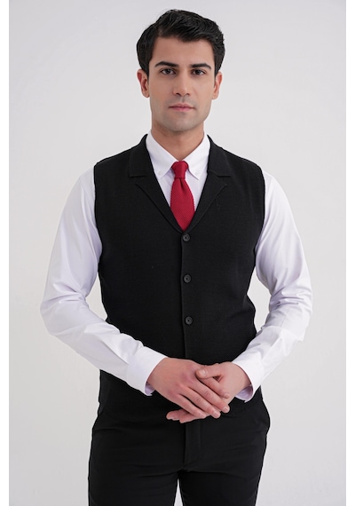 Slim Fit Ceket Yaka Düğmeli Siyah Yünlü Triko Yelek Try 012 Siyah
