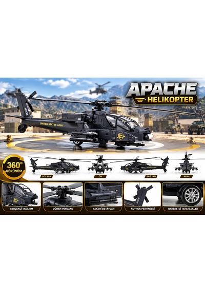 Oyuncak Helikopter Metal Sesli Işıklı Çek Bırak Askeri Savaş Apaçi Apache Helicopter Diecast Model 23 Cm