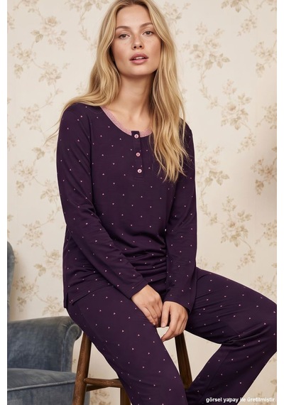 Siyah İnci Mor Desenli Düğmeli Dantelli Viskon Örme Pijama Takım 26224681