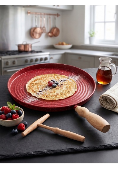 Tektava Granit Kaplama Ahşap Saplı Bazlama&gözleme Tavası 36 Cm Kırmızı-36 Cm