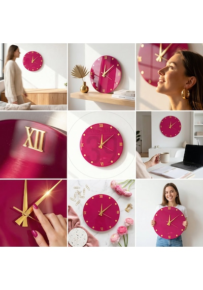 Dekoratif Epoksi Duvar Saati 40 Cm, Fuşya Pembe Modern Tasarım, Altın Detaylı, Sessiz Mekanizma, Yeni Ev Hediyesi Pembe