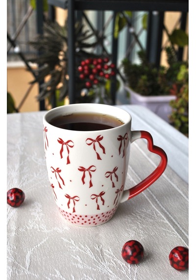 1 Adet Kurdeleli Kupa Seramik Çay Kahve Kupası 330 Ml Kurdele Sevgililer Günü Kırmızı