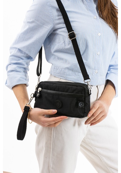Nemo Bags Siyah Unisex Cüzdan, 4 Gözlü, Telefonluk, Crinkle Kumaş, Çapraz Askılı Omuz Çantası, 20x12cm Siyah