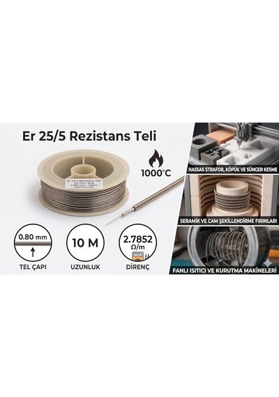 Er 25/5 Rezistans Teli 0.80 Mm 10 Metre - Krom Alüminyum Direnç Teli 2.7852 Ω/m - 1000 C Isıya Dayanıklı Profesyonel Isıtıcı Tel - Endüstriyel Fırın, Strafor Kesme Ve Paketleme Makinesi Uyumlu
