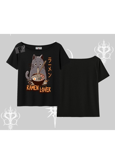 Startmore Startmore Kayık Yaka Tshirt Ramen Lover Kedi Anime Baskılı Siyah