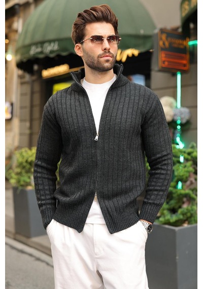 Madmext Antrasit Çift Fermuarlı Slim Fit Çizgili Erkek Triko Hırka E7522