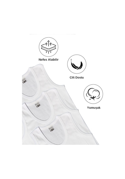 Alya Underwear Erkek Çocuk Pamuk Ribana Atlet Oval Yaka 3'lü Paket Beyaz-t05