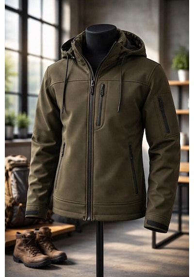 Vatan Tekstil Erkek Slim Fit Softshell Kapüşonlu Erkek Mont Su İtici Rüzgar Geçirmez Haki