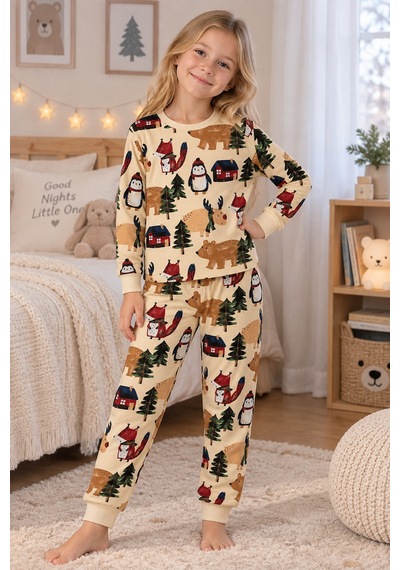Beniizle Orman Hayvanları Desenli Uzun Kollu Unisex Pijama Takımı Ekru