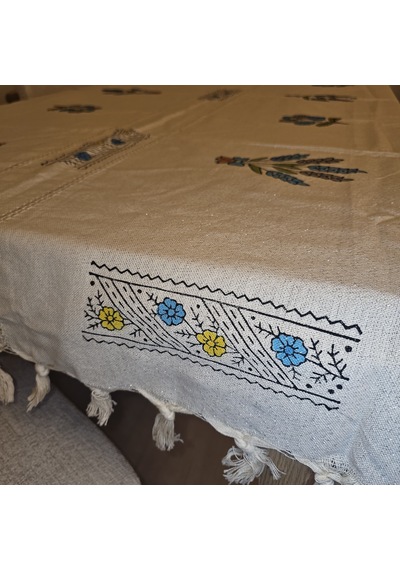 Desenli El Baskısı El Boyaması Masa Örtüsü 150x210 Beyaz