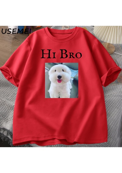 Flood Of Style Merhaba Bro Köpek Yavru T-shirt Tee Rahat Y2k Komik Meme Waitimgoated T Erkekler Kadın Kırmızı