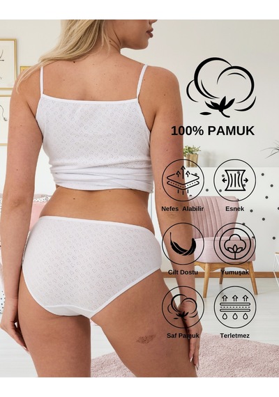 Alya Underwear %100 Pamuklu Kadın Külot Normal Bel Yükseklikli Jakarlı Kalp Desenli Kumaş Slip Beyaz