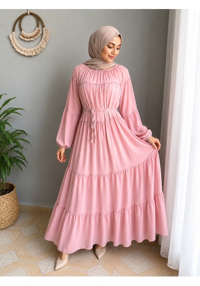 Efulim Womens İpli - Astarlı Salaş Şifon Tesettür Elbise Pembe