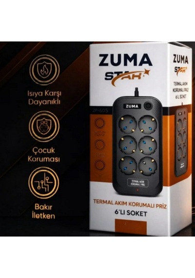 Zuma Termal Akım Korumalı 6 Soket 3 Metre Priz Açma Kapama Tuşlu Çocuk Korumalı Siyah 3 m