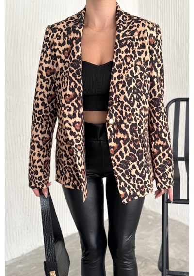 Femelle Kadın Leopar Desen Astarlı Blazer Ceket Kahverengi