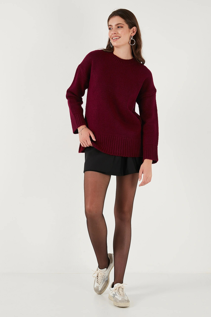Lela Regular Fit Bisiklet Yaka Basic 2'Li Paket Triko Bayan Kazak 4616213S2 Bordo-Haki