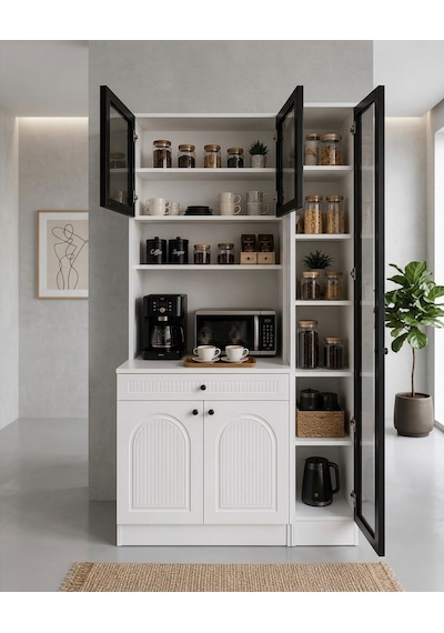 Premium Reflekte Camlı Membranlı Tamamen Mdf Kahve Köşesi Çok Amaçlı Dolap Kiler Mutfak Dolabı 125 Cm Beyaz Premium Reflekte Camlı Membranlı Tamamen Mdf Kahve Köşesi Çok Amaçlı Dolap Kiler Mutfak Dolabı 125 Cm Beyaz