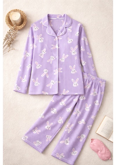 Free Beka Lila Çizgili Ve Tavşan Desenli Uzun Kollu Önden Düğmeli Gömlek Yaka Anne Kız Pijama Takımı Kombin Lacivert Free Beka Lila Çizgili Ve Tavşan Desenli Uzun Kollu Önden Düğmeli Gömlek Yaka Anne Kız Pijama Takımı Kombin Lacivert