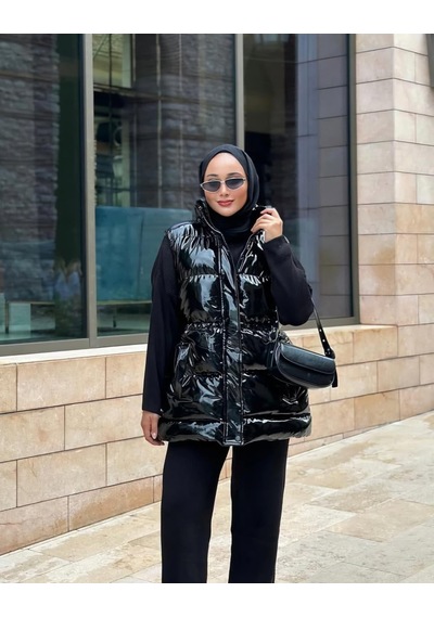 Hb Harma Time Butik Kadın Siyah Parlak Fermuarlı Çıt Çıtlı Cepli Şişme Yelek