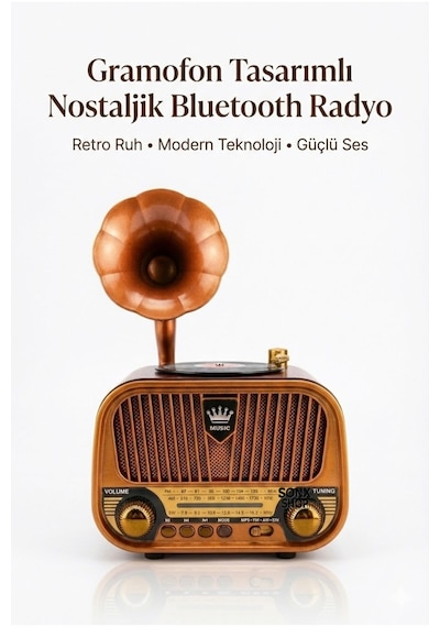 Büro Ev Ofis si İçin Gramofon Stil Nostaljik Müzik Çalar Bluetooth Hoparlörlü Radyo