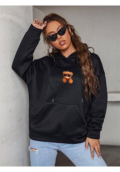 Unisex Oversize Ayıcık Baskılı Kapüşonlu Sweatshirt Siyah