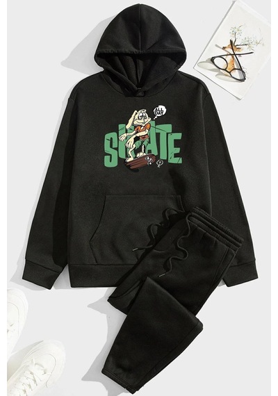 Uyguntarz Unisex All Day Rabbit Baskılı Eşofman Takımı Siyah