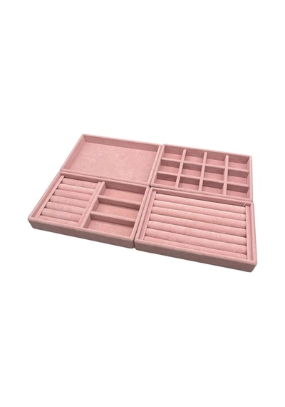 Yerli Üretim Süet Kumaş Pembe Renk 4 Lü Takım Çekmeçe İçi Takı Standı Çok Renkli