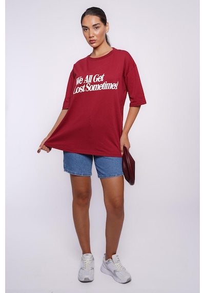 Bordo Baskılı Oversize Tişört Mg1532