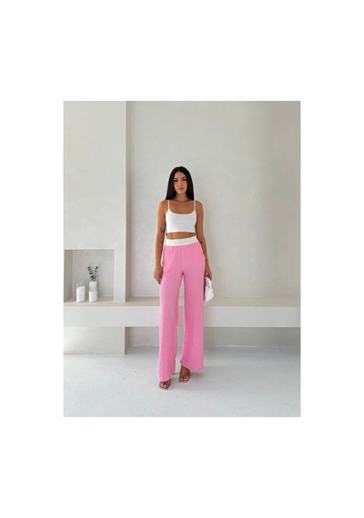 Gugus Kadın Gofre Beli Güpür Lastikli Wide Lege Yazlık Pantolon Pembe