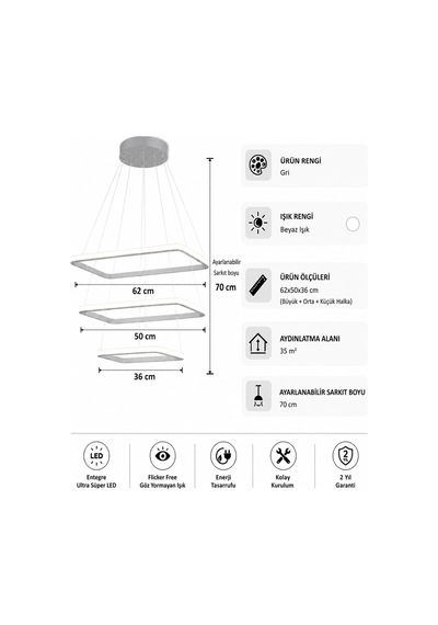 AvizeGO Diva 3'lü Led Sarkıt Avize Beyaz Işık Gri