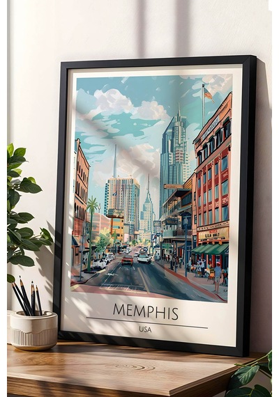 Abd Memphis Temalı Çerçeveli Tablo Travel Serisi Modern İllüstrasyon Şehir Duvar Dekoru Siyah