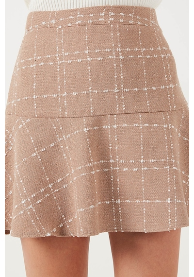 Lela Kareli Volanlı Mini Kışlık Bayan Etek 611Et00176W4 Camel