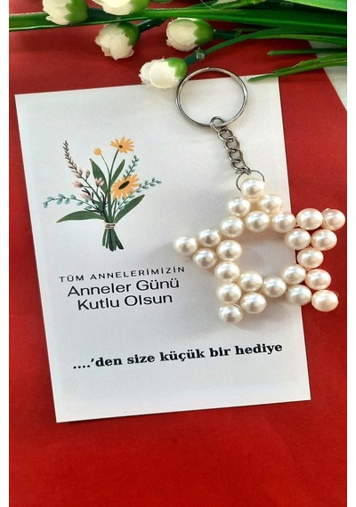 Anneler Günü için Çiçek Buketi Kartlı İnci Yıldız Anahtarlık 20 Adet
