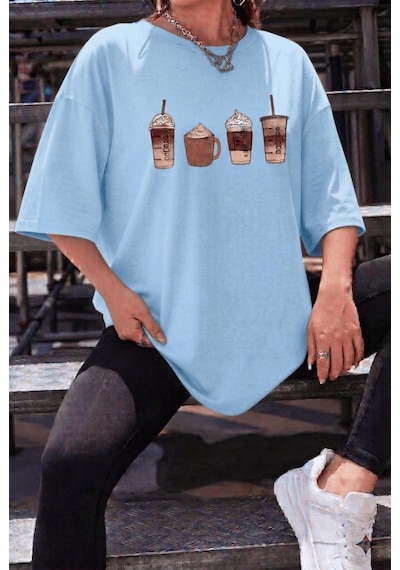 Coffee Lover Baskılı Unisex Oversize T-shirt - Büyük Beden Seçenekli Turkuaz