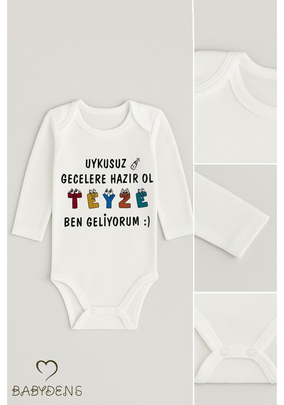 Babyden's Uykusuz Gecelere Hazır Ol Teyze, Ben Geliyorum Yazılı Uzun Kollu Bebek Zıbını Pamuklu Body Beyaz