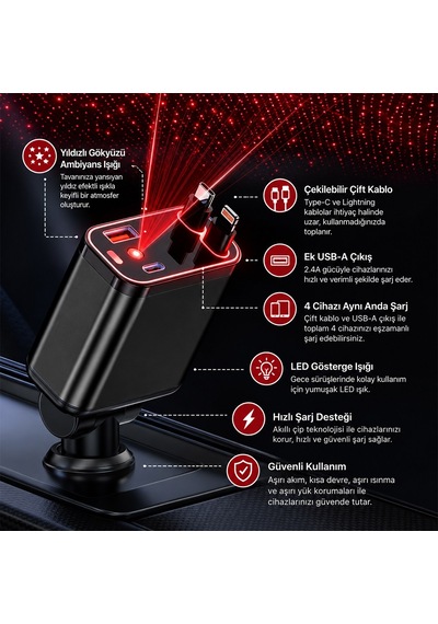 Hello Hl-29871 Araç Çakmaklık Şarj Cihazı Dahili Çekilebilir Type-c Lightning Çift Kablo Ambiyans Işıklı