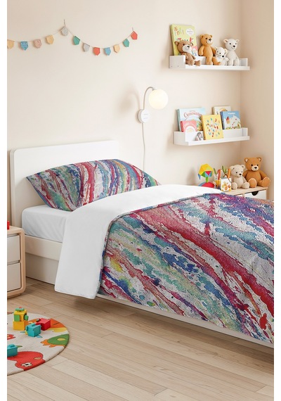 Renkli Modern Genç Odası Tek Kişilik Pike Takımı - Soyut Mavi Pembe 160x220 Cm Kapitone Yatak Örtüsü Kırsal Nehir Pususu
