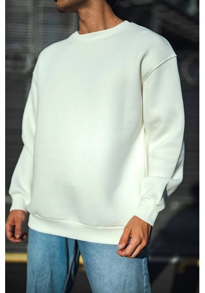 Barlashive Erkek Bisiklet Yaka 3 İplik Pamuklu Basic Sweatshirt - Beyaz Çok Renkli