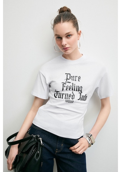 Grımelange Lavınya Kadın Yumuşak Kumaşlı %100 Pamuk Baskı Detaylı Beyaz T-shirt Beyaz