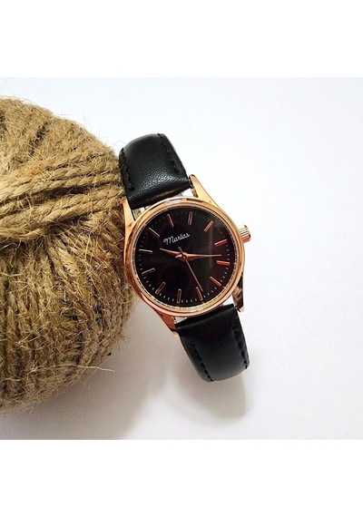 Retro Kadın Kol Saati, Vintage Minimal, Rose Gold Renk, Çizgili Kadran, Koyukahverengi Kordon Rose Gold Siyah Kordon Altın