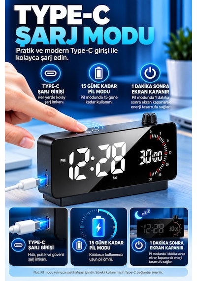 Hymark Görsel Zamanlayıcı Led Şarj Edilebilir Dijital Çalar Saat Siyah