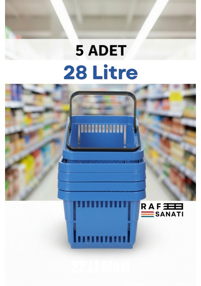 5 Adet - 28 Litre Plastik Market Alışveriş Sepeti Saplı Dayanıklı Market Mağaza El Sepeti Mavi