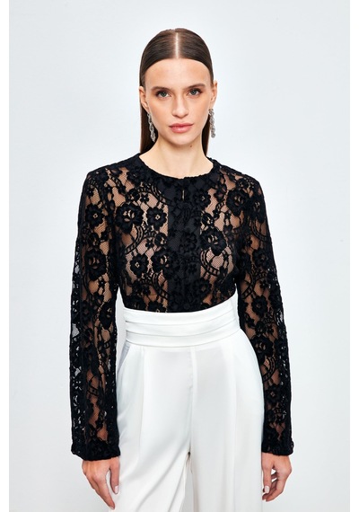 Sateen Dantelli Crop Bluz - Siyah
