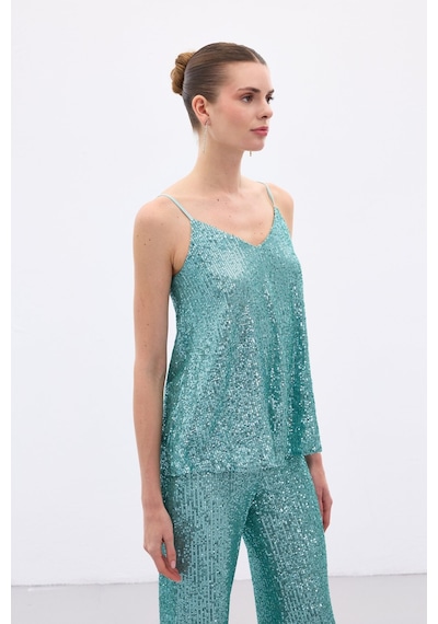 Sateen Payet Detaylı Askılı Bluz - Mint-136546 Mint