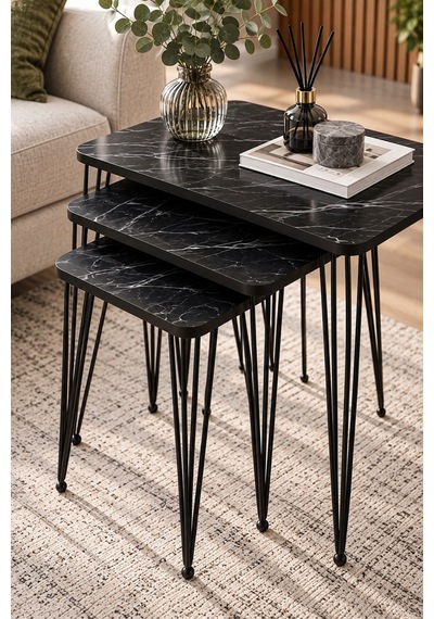 Sulorahome Siyah Mermer Desenli Metal Tel Ayaklı 3'lü Zigon Sehpa Takımı